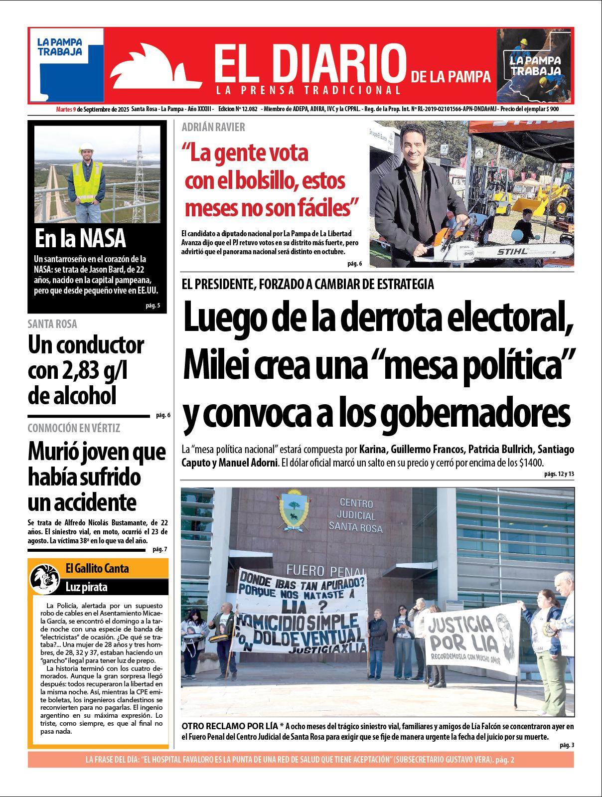 Tapa de El Diario en papel  martes 09 de septiembre de 2025